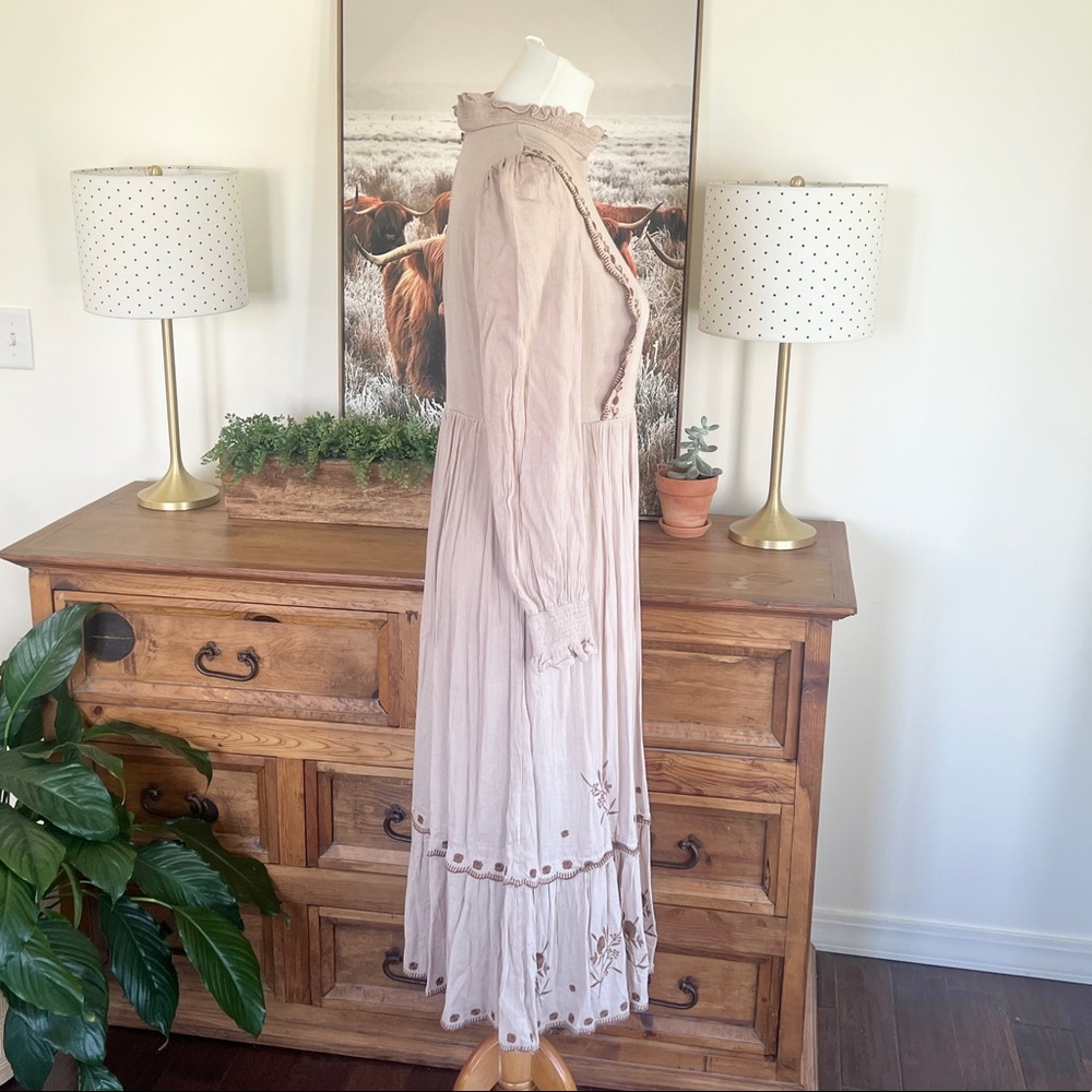 Roolee In Loom Tan Embroidered Boho Peasant Midi Dress M L - Picture 7 of 14
